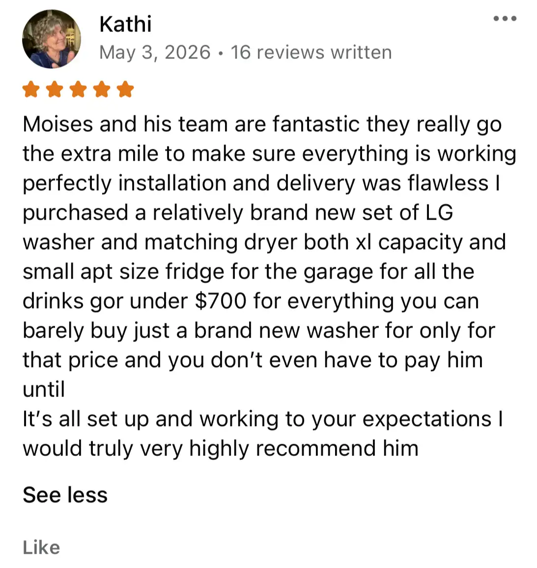Screenshot of a detailed customer review on Facebook